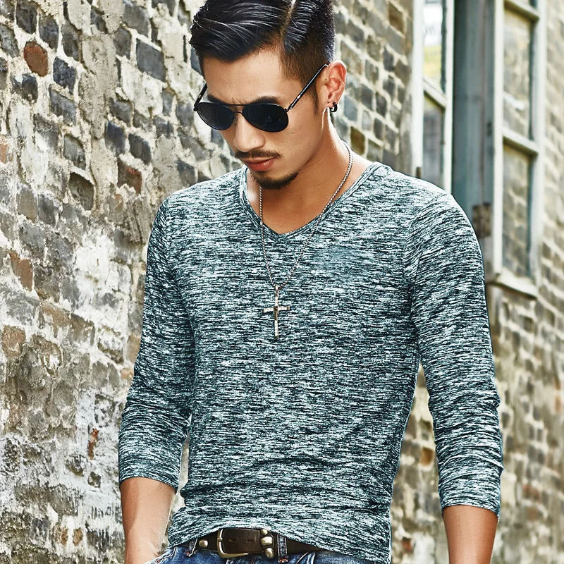 Casual Mens Long Sleeves Muscle V Neck Slim T-Shirt Solid Color Activewear Tops Tee Undershirt T Shirt Man Clothing 251211