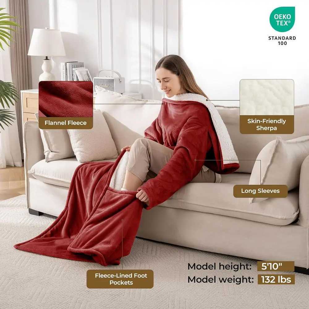 Heated Blanket with Foot Pocket Sleeves 5-Setting Electric Robe Auto-Off Washable 50x70 Red Y251212