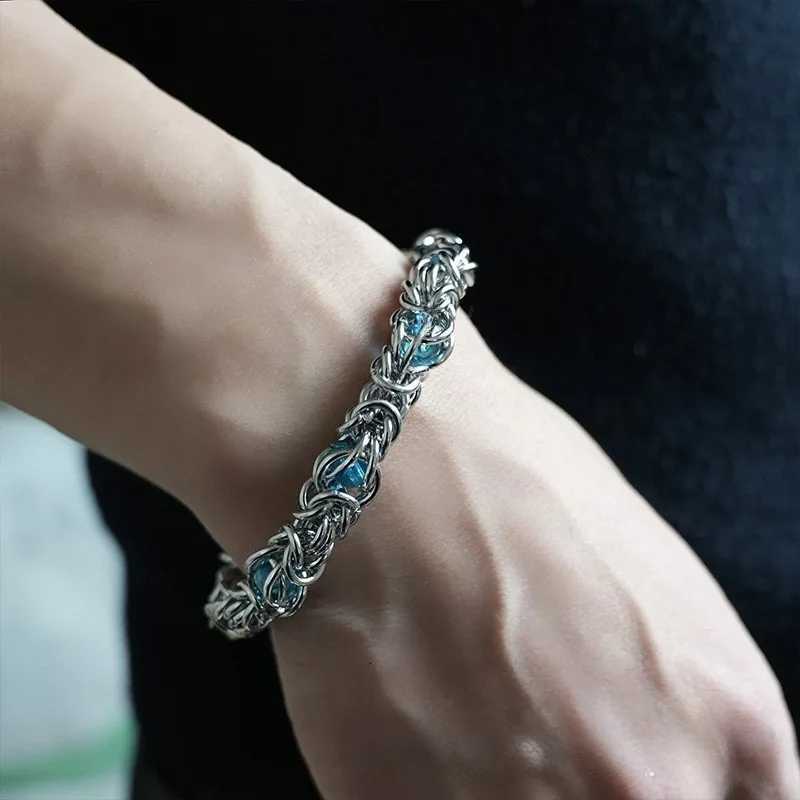 Mens Hip Hop Blue Beads Stainless Steel Chain for Men M251213