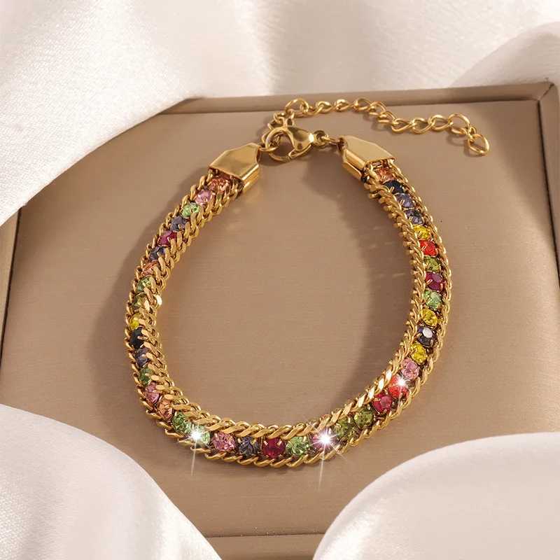 Bohemian 18K Gold Plated Stainless Steel Tennis Multi Color Zircon Chain For Women M251213