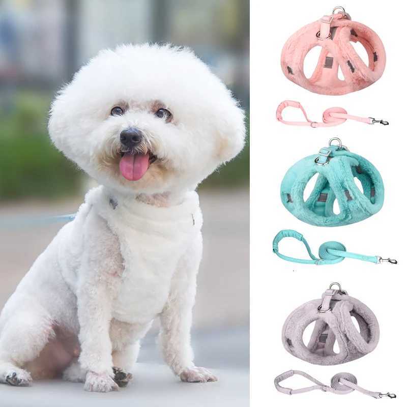 Thicken Fur Puppy Dog Harness and Leash Set for Small Dogs Winter Warm Pet Cat Harnesses Bichon Lead Chain mascotas Accessories M251213