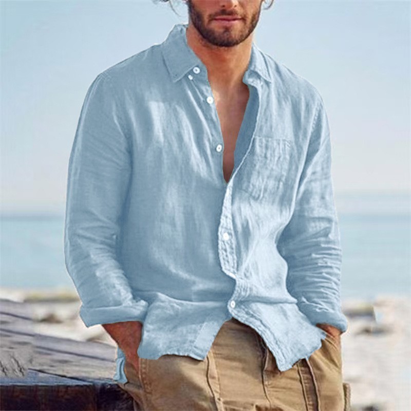 2025 Solid Color Casual TurnDown Collar Cardigan Cotton Linen Loose Casual Mens 250227Z