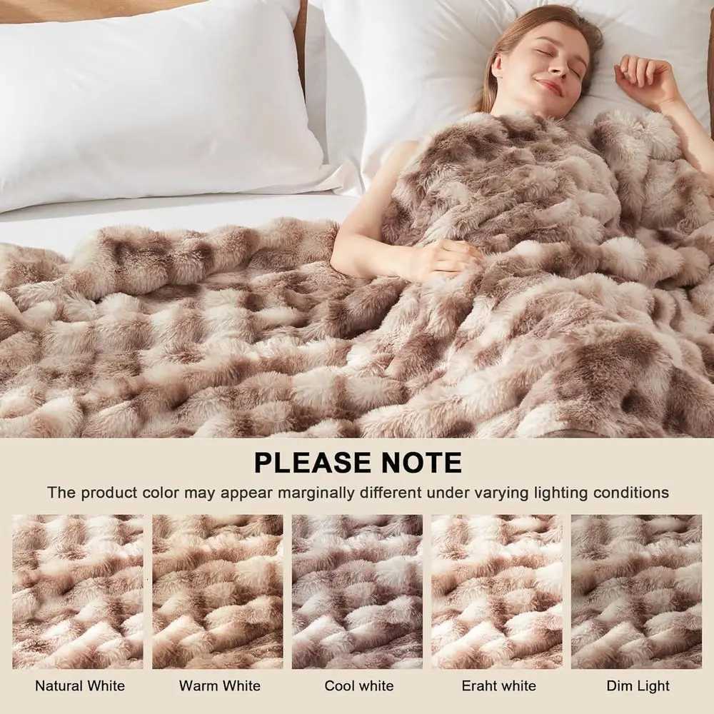 Twin Size Plush Bubble Faux Fur Electric Blanket with 6 Heat Settings and 10-Hour Auto-Off 62x84 Patterned Taupe Y251212