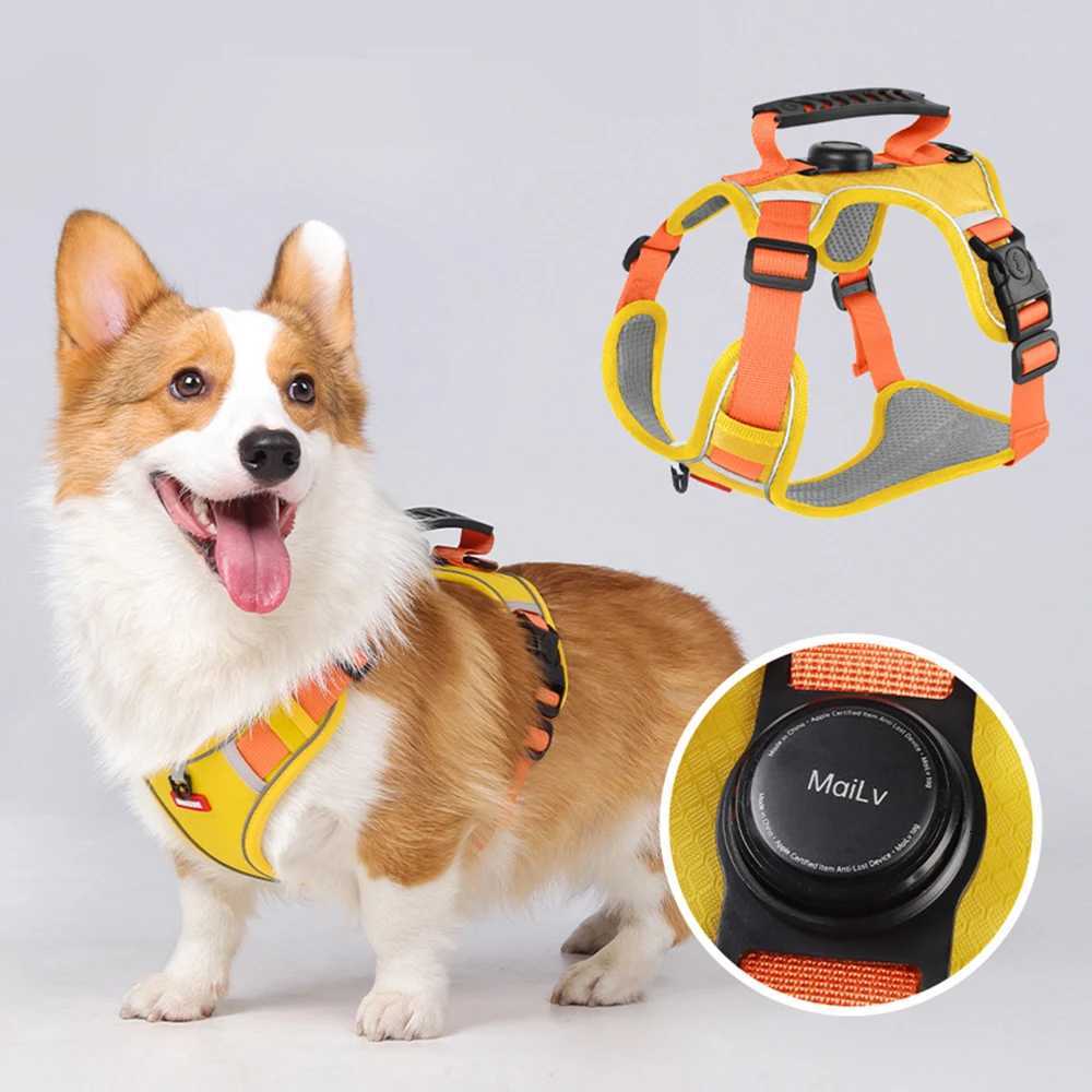 Reflective Dog Harness with Airtag Holder Escape Proof Anti Lost Pet Vest Highly Visible Adjustable Safety GPS tracking M251213