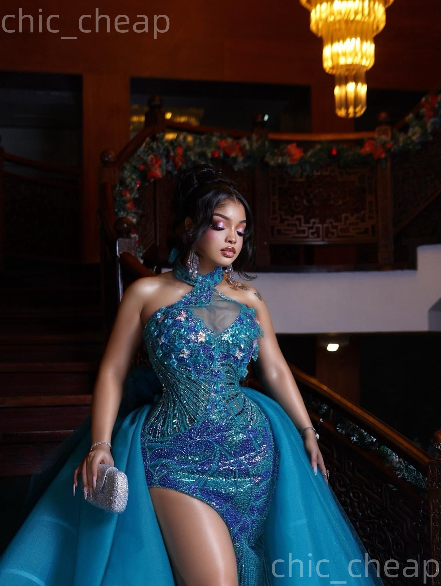 Aso Ebi Blue Sheath Prom Dresses 2026 Crystals High Split Sequined Evening Formal Party Second Birthday Engagement Gowns Plus Size Dress For Special O