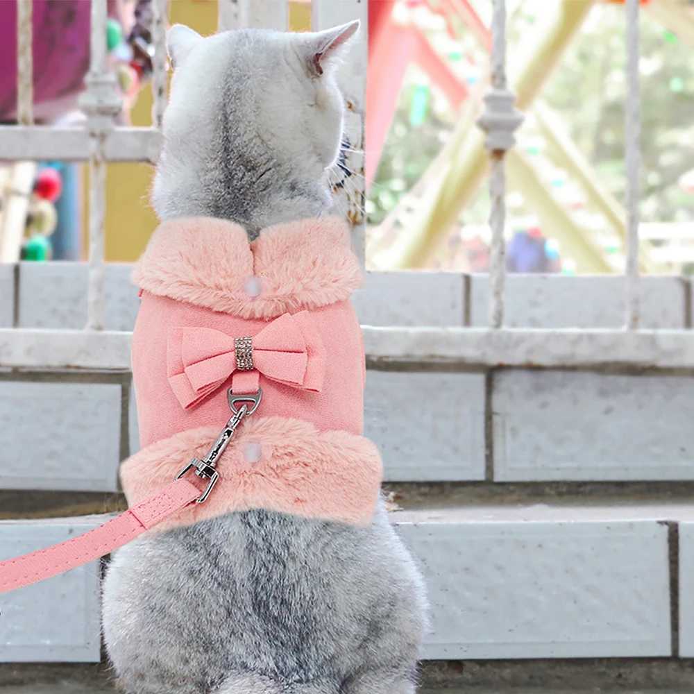 Warm Fur Puppy Dog Harness Leash Cute Bowknot Dogs Cat Harnesses Padded Pet Vest With Matching Lead Rope For Dogs Cats Winter M251213