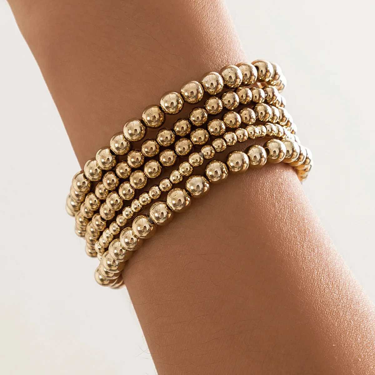 Layered Gold-Plated Beaded s Set Dainty Elastic Beads Chain Tube Bangle Boho Stackable TrenDY Pattern Copper M251213