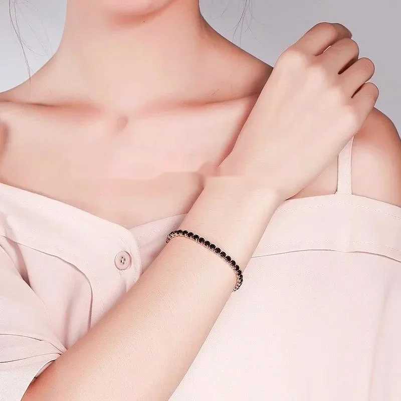 4mm 18cm Brass Gold Color Full Round Black CZ Tennis Bangles For Women Girls Jewelry es Pulseras Bracciali M251213