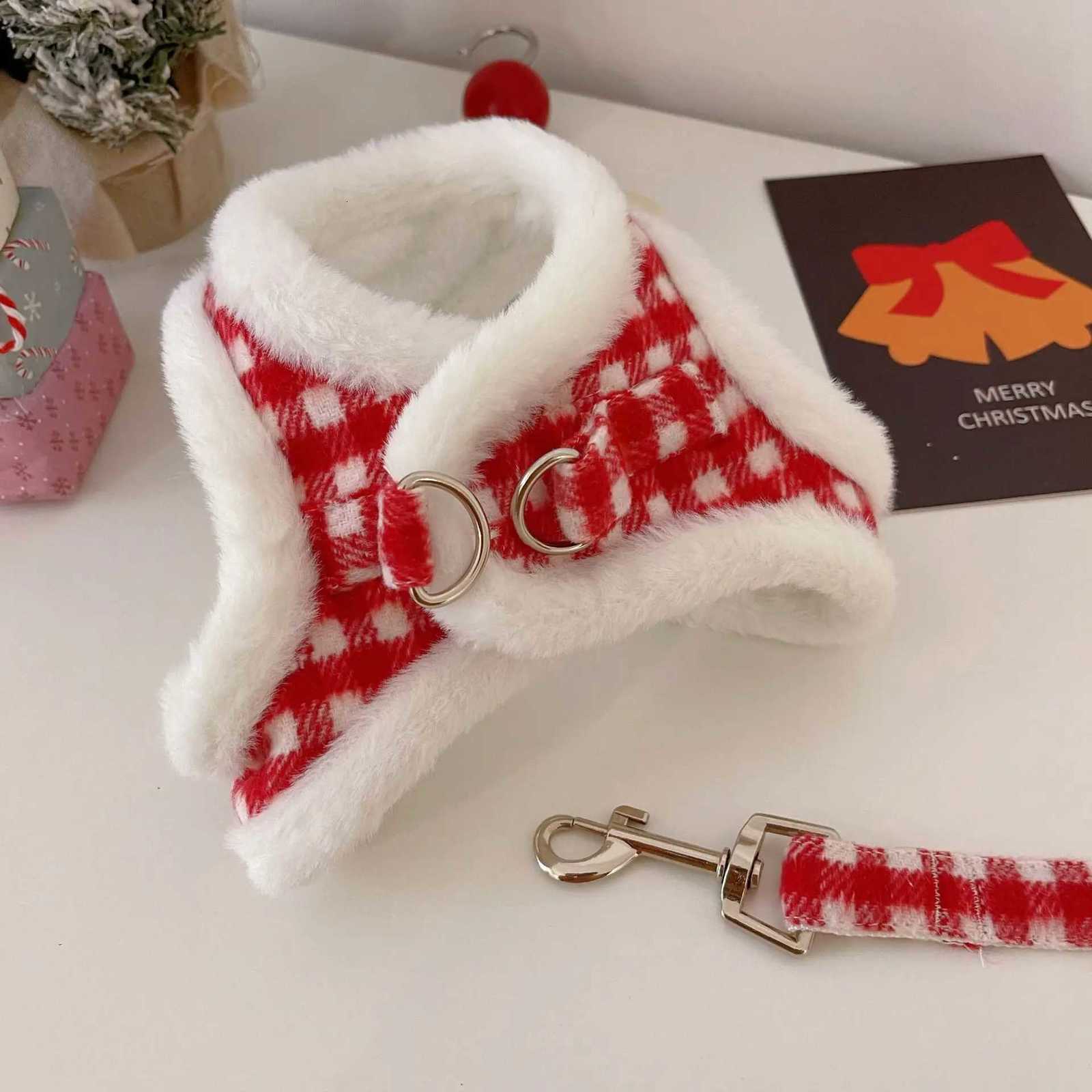 Pet New Years Plaid Traction Set Clothes Dog Cat Vest Harnesses Thick Velvet Autumn Winter Teddy Christmas and New Year Coat M251213