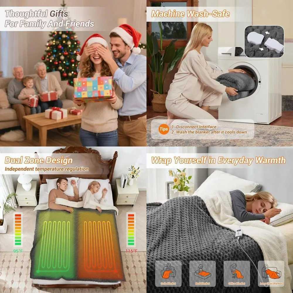 King Size Electric Blanket 90x100 Dual Controls 10 Heat Levels Auto-Off Soft Fleece Washable Grey Y251212