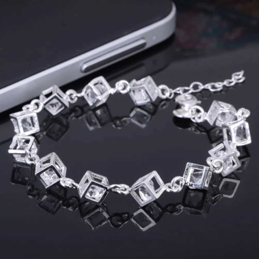 Women Heart Cube Clear Fashion Crystal Bangle Jewelry for Best Friends Gift Sterling Silver Square AAA Zircon M251213