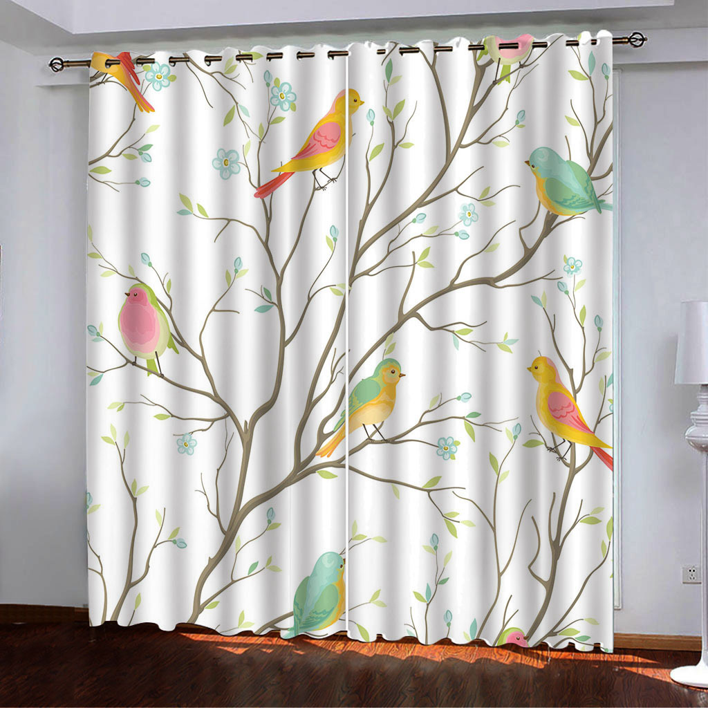 YL-37954 Curtain Flower and Bird Line Series, Spring 3D Digital Printing, High-Density Blackout Curtain Customization