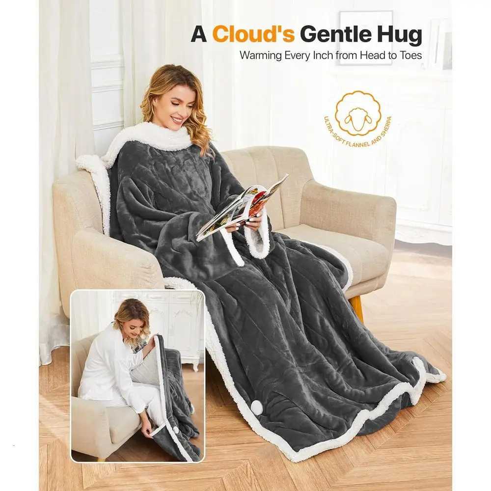 Wearable Electric Blanket with Foot Pockets and Sleeves 8 Heat Levels Timer for Women 50x60 Flannel Sherpa Robe Y251212
