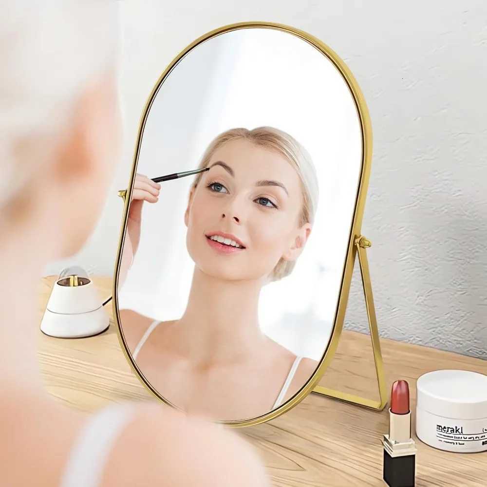 Vanity Makeup Mirror with 90Adjustable Rotation Oval Golden Metal Framed Standing Table Mirror for Bedroom BathroomT251213