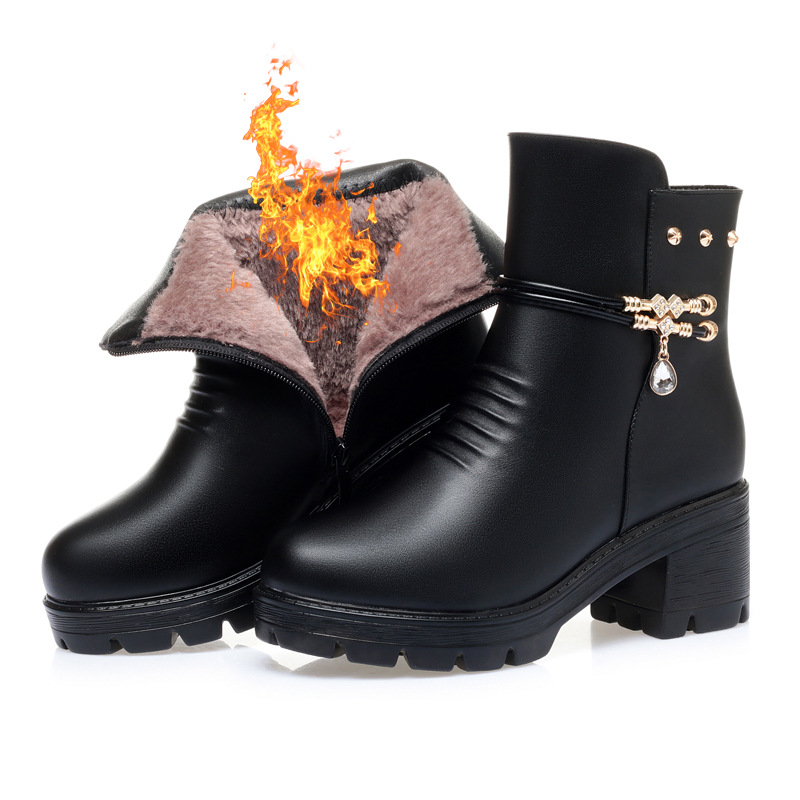 Free Shipping 2025 Genuine Soft Leather Women's Winter Boots, Plush Lined Chunky Mid Heel Thermal Ankle Boots Comfortable & Warm