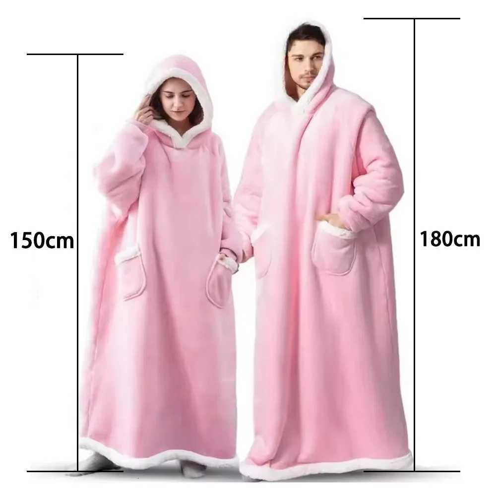 150cm Super Long Flannel Blanket Cold-proof Nightgown Pyjamas Sleeves Winter Hoodies Sweatshirt Women Men Pullover Fleece Giant Y251212