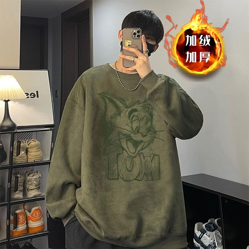 Street-Stunning Retro Versatile Crew Neck Sweatshirt for Men: Faux Suede, Korean Style, Loose Fit, Japanese & American Style, 2025 Autumn Winter