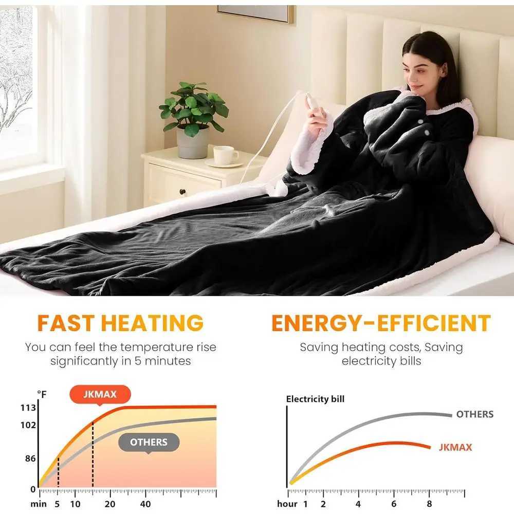 Sleeved Electric Heated Blanket with Foot Pockets - 10-Level Adjustable Auto-Off Flannel Robe for Adults 50x75 Black Y251212