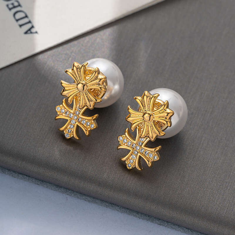 Cross Pearl for Women High-end Personality Fashion Internet Celebrity Versatile Stud European and American Light Luxury Niche Earrings