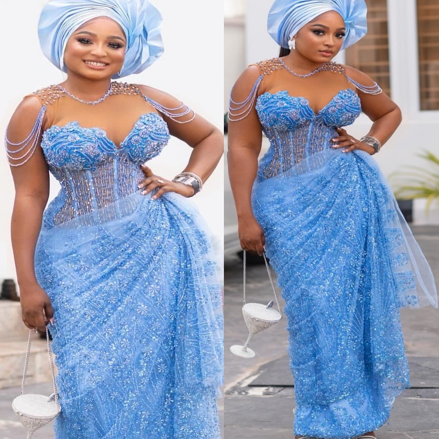 Aso Ebi Light Sky Blue Sheath Prom Dresses 2026 Sheer Neck Beaded Evening Formal Party Second Birthday Engagement Gowns Plus Size Dress For Special Oc