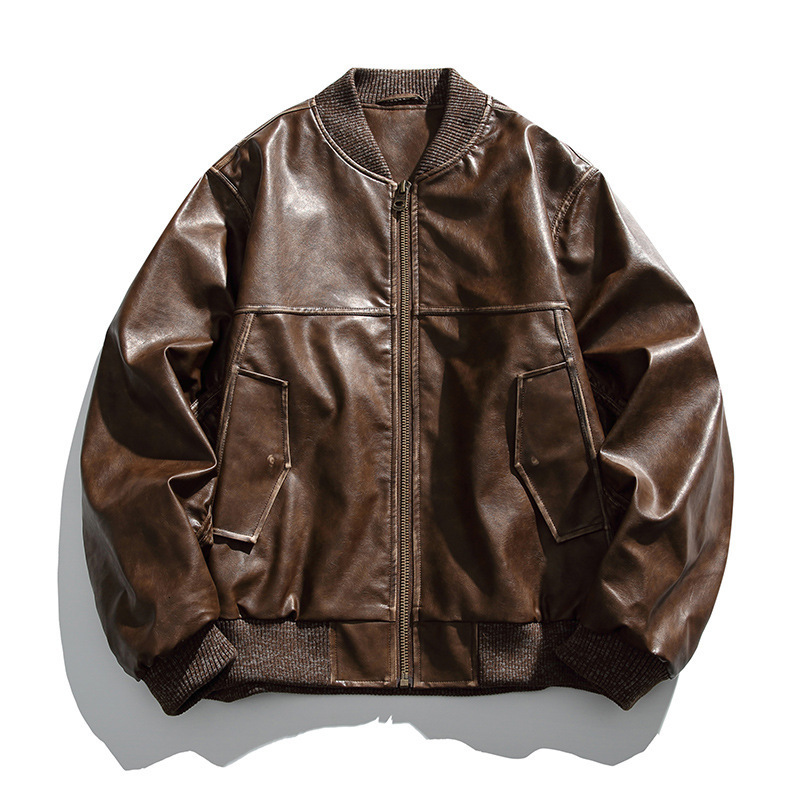 Purple Sheepskin Baseball Jacket Men Streetwear Long Sleeve Trend Casual Slim Leather Coats Male Clothes Motorcycle 241104