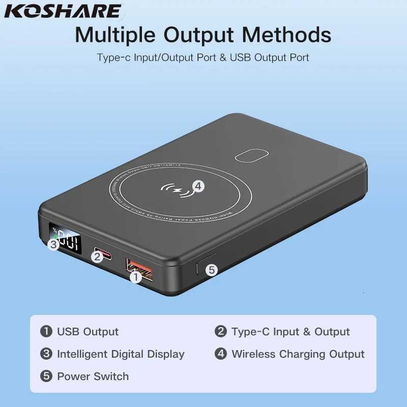KOSHAREOutdoor Mini Magnetic Wireless Power Bank Lithium-Ion Charger with LED Charge Indicator Portable Cell Phone Charging Bank H251213