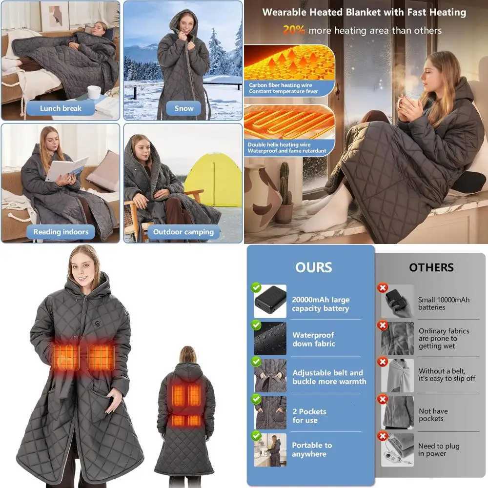 Wireless Cordless Heated Blanket 20000mAh Womens Electric Hooded Robe 45x32 for Outdoor Use Y251212