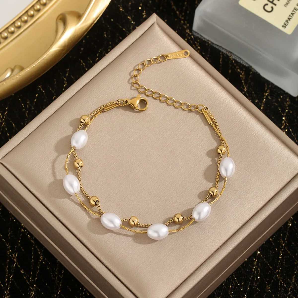 Luxury Double Layer Pearl - Stainless Steel Jewelry for Women Hypoallergenic Gift Party Bangles Chain Accessories M251213