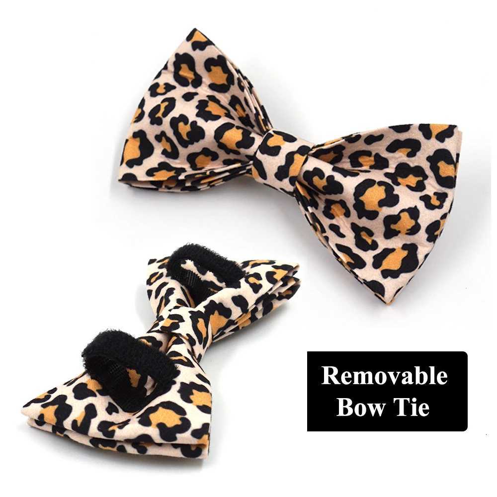 Brown Leopard Dog Harness for Boy Dogs Custom Engraving Pet Collar and Leash Set with Removable Bow Poop Bag Luxury Pet Supplies M251213