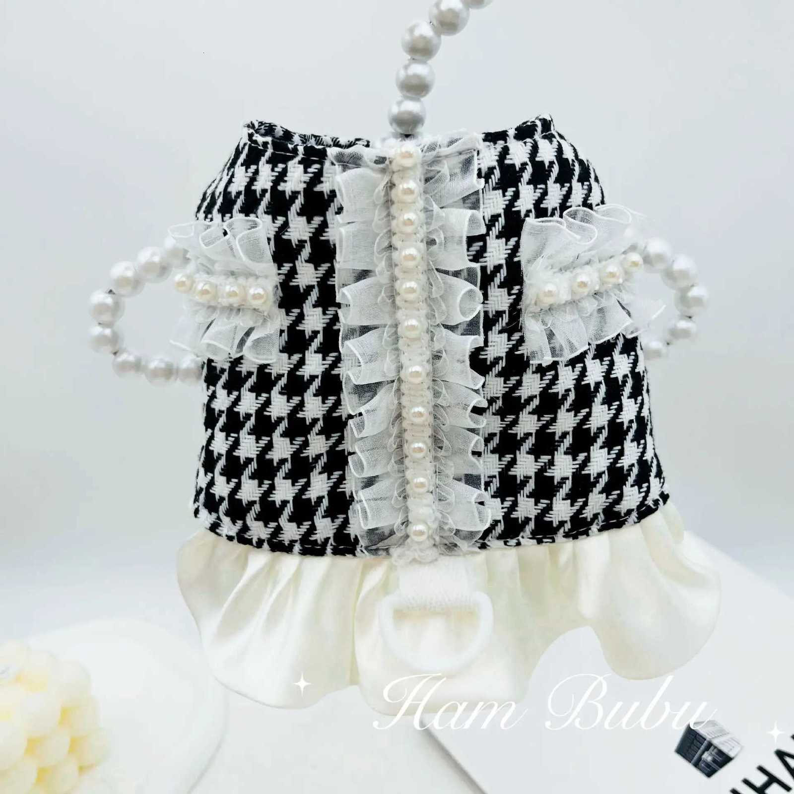 Pet Autumn/Winter Checkered Coat Pearl Skirt Drawstring Teddy Dog Harness and Leash Set Dog Accessories for Small Dogs M251213