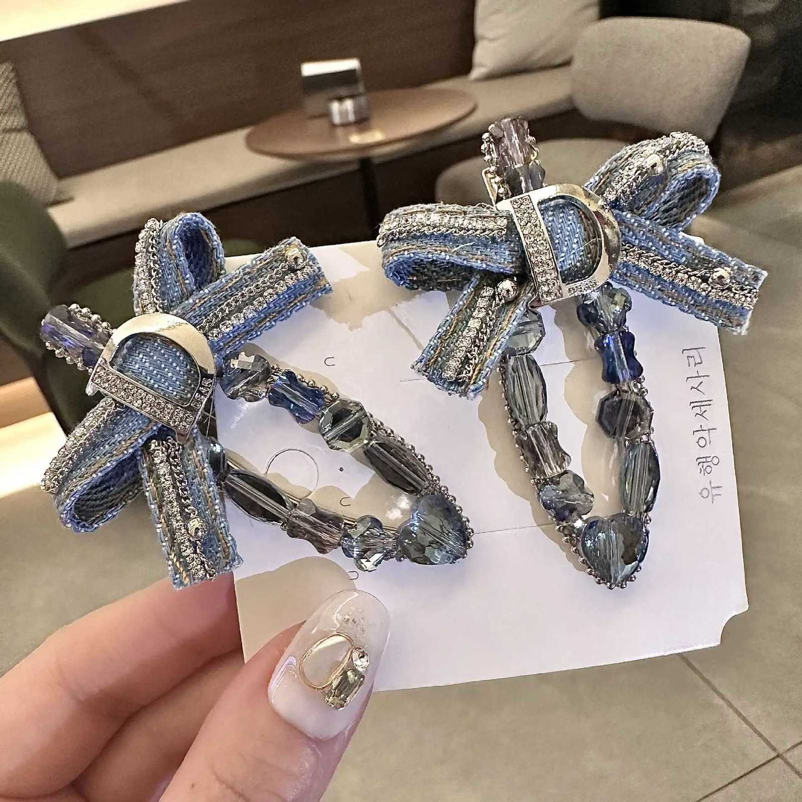 Shiny Diamond Denim Crystal Hair Clips Spring Clips Popular Blue Gemstone Crown Rhinestone Hairgrips Girl Bangs Clips Headdress Y251213