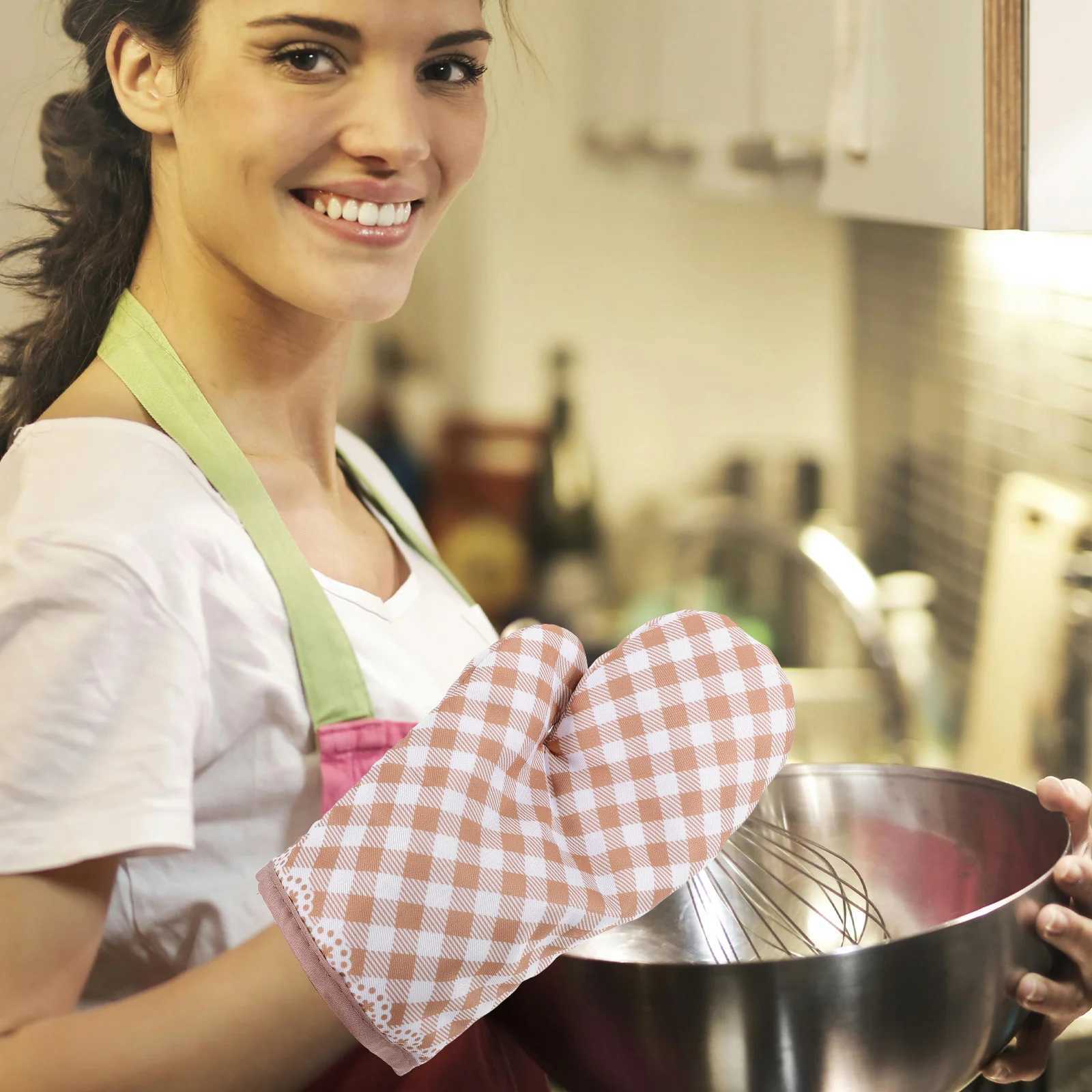 Oven Glove Heat Resistant Plaid Design Baking Mittens Microwave Bbq Grill Hand Cover for Cooking Protection Reusable Kitchen H251212