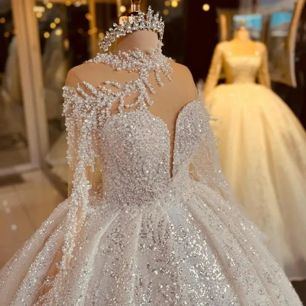 White Wedding Dresses Ivory Bridal Gowns New Formal Girl A Line High Neck Long Sleeve Beaded Applique Sequins Sequined Plus Size Pearls Illusion Custo