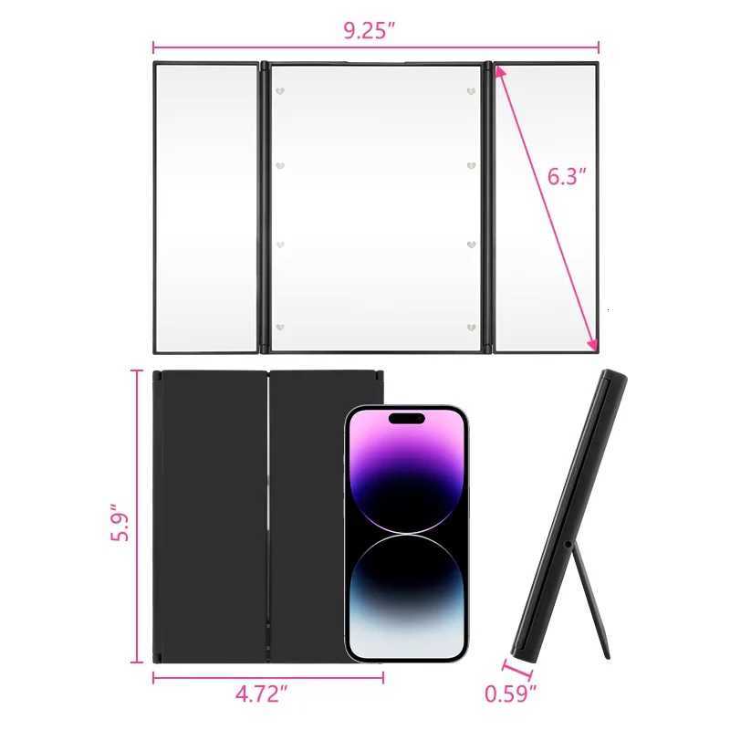 Folding Portable 3 Way Makeup Mirror with Light Folding Design LED Travel Vanity Cosmetic Mirror with Adjustable Stand for GiftsT251213