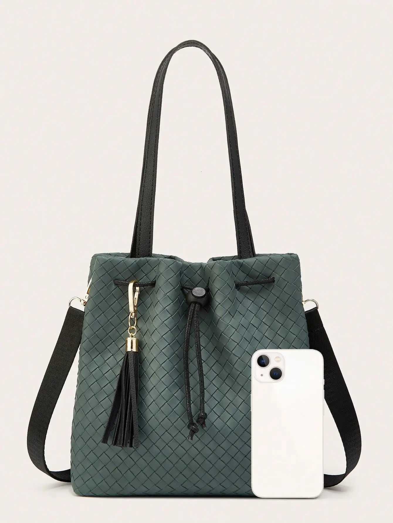 2025 New Woven Handbag PU Material with Tassel Accessories Fashion Bucket Bag Womens Shoulder Bag Ideal for Daily Use andT251213