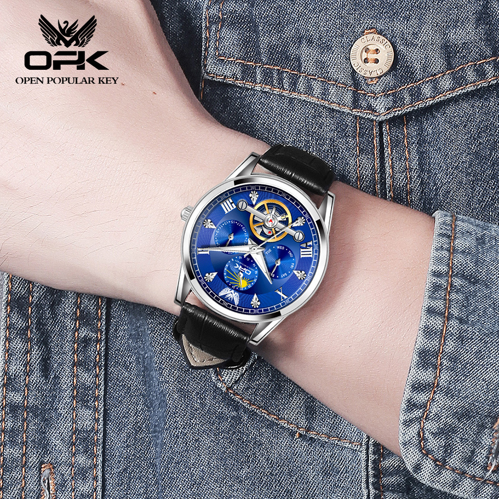 OPK Designer Men's Waterproof Luxury Casual Outdoor Sports Watch Tourbillon Belt Calendar Luminous Quartz Watch For Men