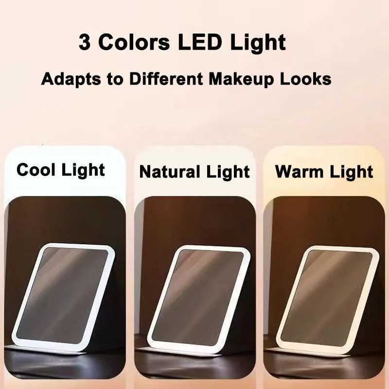 3 Colors LED Vanity Mirror with Leather Touch Screen USB Rechargeable 3 Brightness Dimming Makeup Mirror FoldableT251213