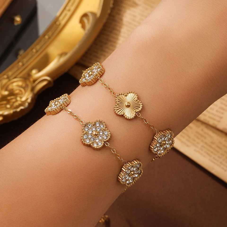Yupsk Stainless Steel Lucky Five- Flower Petal Fashion Adjustable Chain Bangles Jewelry for Women Girls M251213