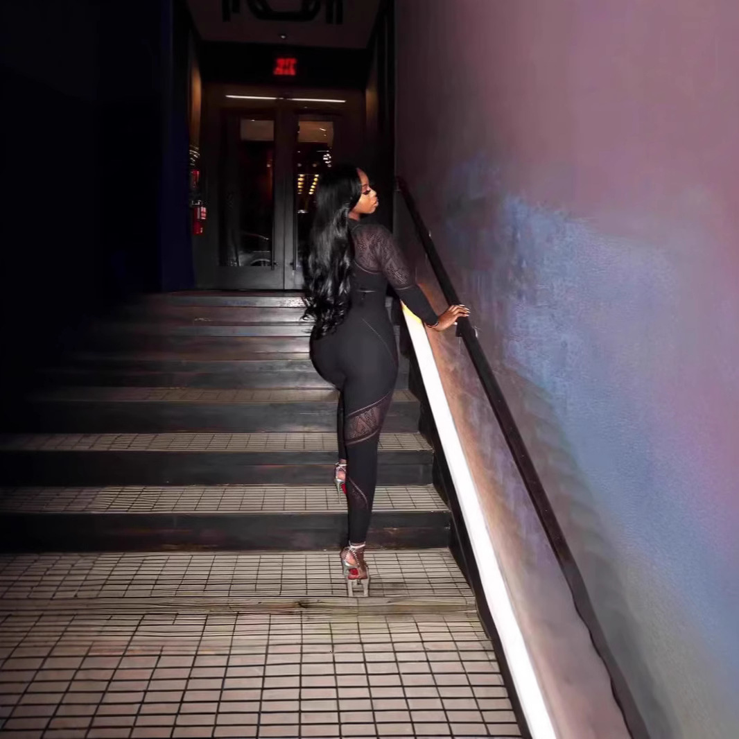 Sexy See Through Mesh jumpsuit womens nightclub party patch work tight long sleeved bodysuit and jumpsuit combination 241125