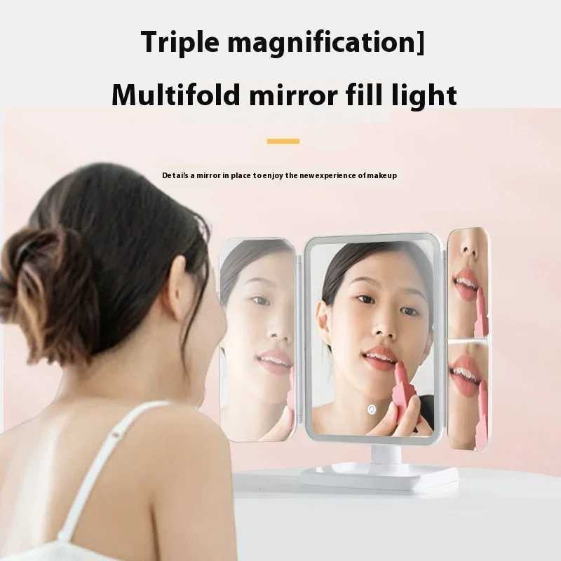 3 Lights Dimmable LED Makeup Mirror with Touch Screen Fold Cosmetic Makeup Mirror Rechargeable Tabletop for Travel Home UseT251213