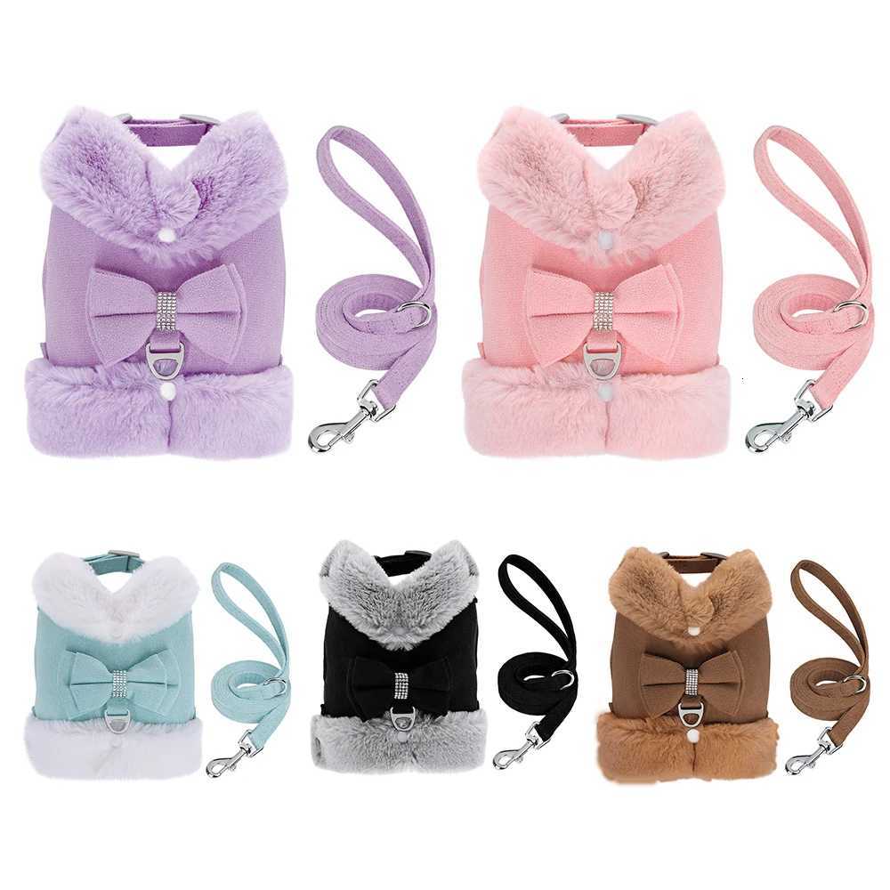 Soft Warm Dog Vest Harness and Leash Set Cute Bowknot Pet Winter Clothes Vest Warm Fur Small Dog Clothing French Bulldog Pink M251213