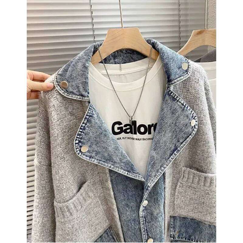 Autumn Winter Retro Personality Stitching Denim Lazy Wind Knitted Sweater Cardigan Fashion Tide Comfortable Jacket