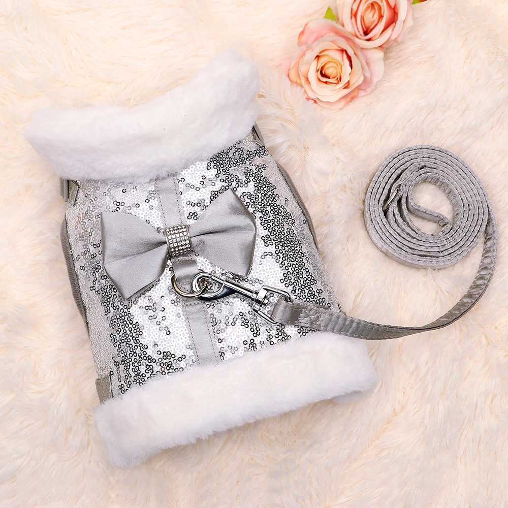 Winter Dog Harness Leash Set Warm Puppy Cat Harnesses With Fur Collar Bling Sequines Pet Vests For Dogs Cats Bowknot Accessories M251213