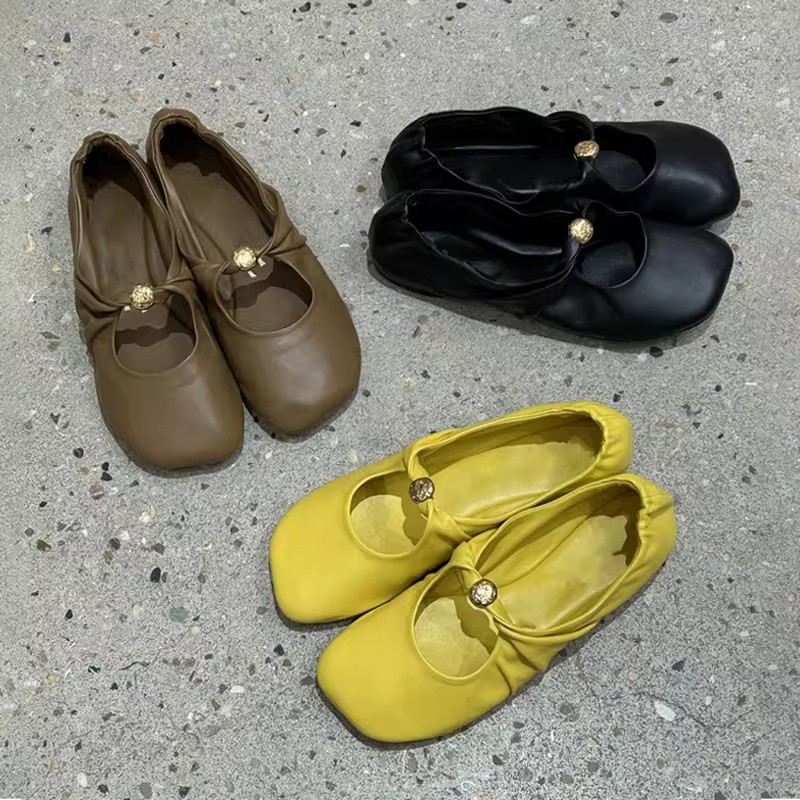 Elegant Ballet Shoes Free Shipping Spring New Design Retro Wrinkle Square Toe Flat Womens Shoes One Strap Soft Sole Mary Jane Shoes