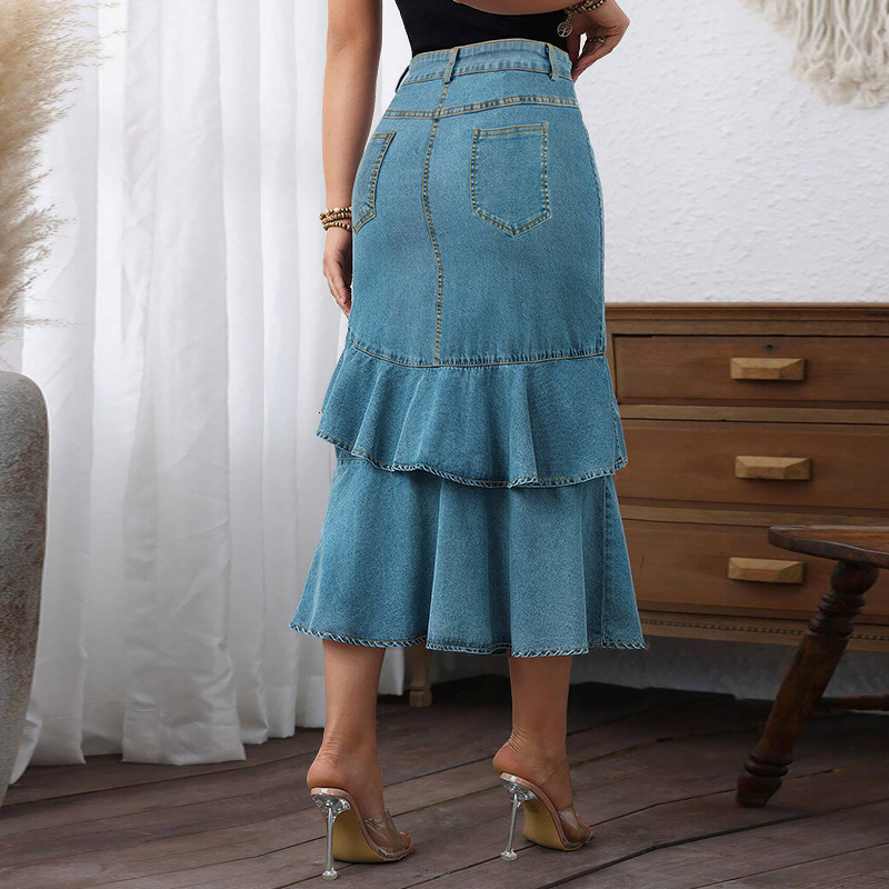 Lady Long Denim Skirt High Waist Gradient Tassel Jeans Trumpet Cool Fish Tail Mermaid Bohemian Maxi Skirts mermaid skirts female 210608
