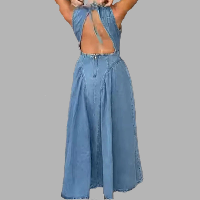 2025 Summer Solid Color Fashion Round Neck MidLength WaistCinching Sleeveless Vest Dress for Women 250526