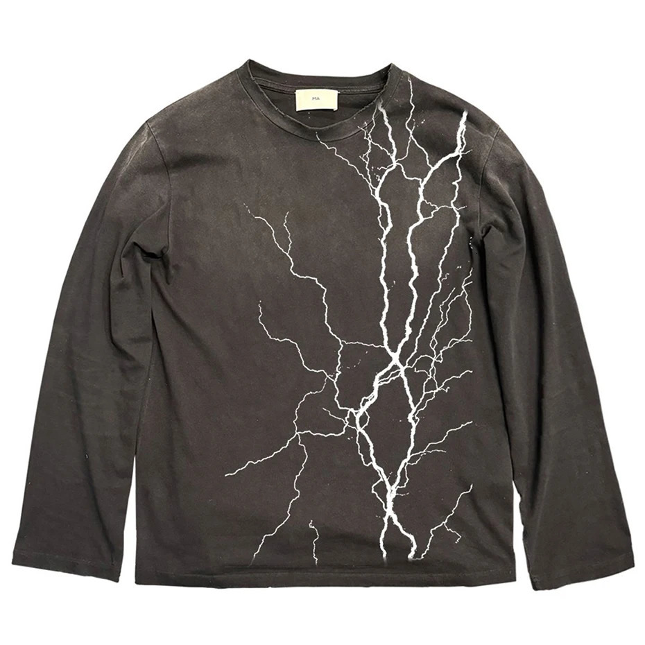 Vintage Oversized T-shirts Lightning Graphic Long Sleeve T Shirts Harajuku Loose Casual Tee Tops Unisex Retro Tshirts 251211