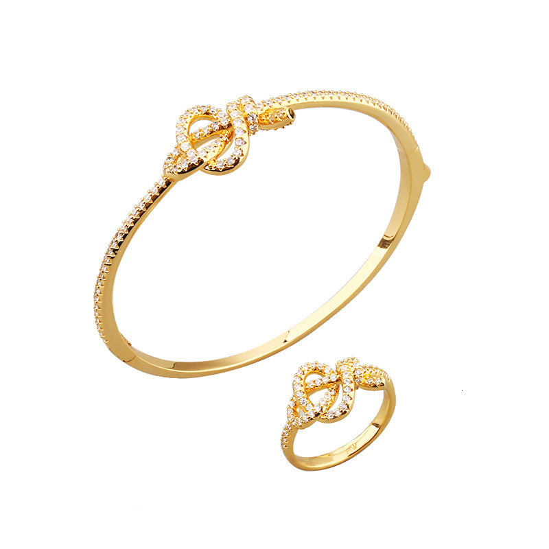 Simple Creative Knot Bow Bracelet Ring Set Elegant Unisex Copper Gold-Plated Micro-Inlaid Zircon Jewelry
