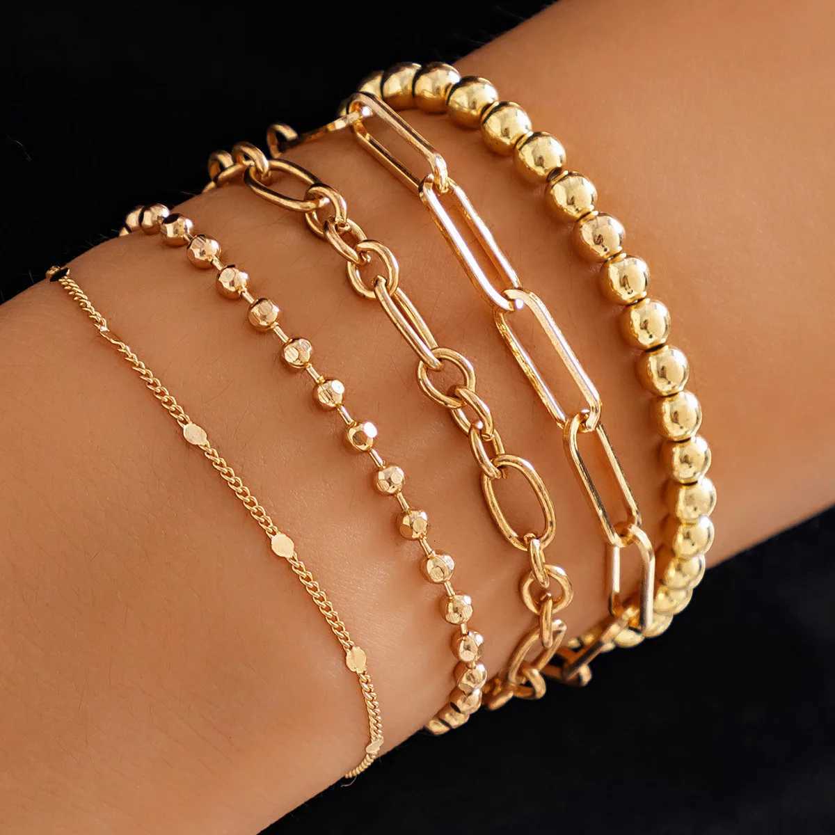 Layered Gold-Plated Beaded s Set Dainty Elastic Beads Chain Tube Bangle Boho Stackable TrenDY Pattern Copper M251213