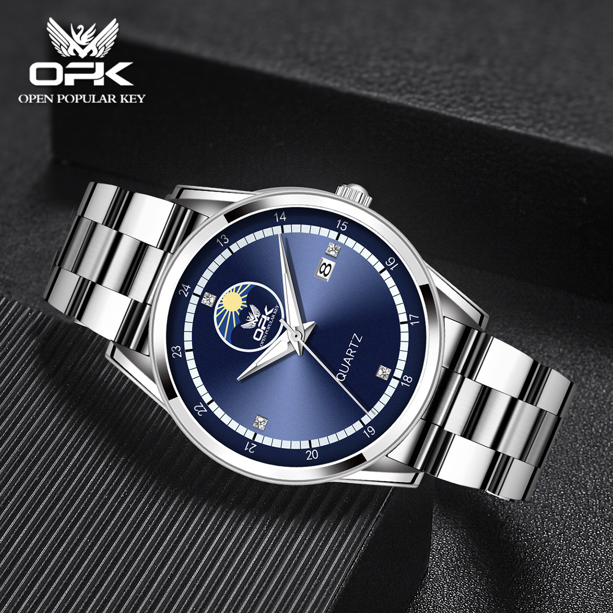 OPK Designer Men's Watch Waterproof Casual Outdoor Sports Fake Moon Phase Men's Watch Steel Band Calendar Luminous Quartz Watch